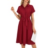 image:imageLYANER Womens Midi Dresses V Neck Button Down Tie Waist Short Sleeve Ruffle Hem DressWine Red