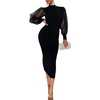 image:imageLYANER Womens Mock Neck Mesh Long Sleeve Zipper Bodycon Maxi Long DressBlack