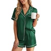 image:imageLYANER Womens Satin Pajamas for Women Silk 2 Piece Pj Sets Short Sleeve Button Down LoungewearDark Green
