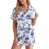 image:imageLYANER Womens Satin Pajamas for Women Silk 2 Piece Pj Sets Short Sleeve Button Down LoungewearWhite Dark Blue Print