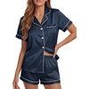 image:imageLYANER Womens Satin Silky Pajamas Set Short Sleeve Button Shirt with Shorts Pjs Sleepwear LoungewearDark Blue2