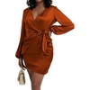 image:imageLYANER Womens Satin Silky Wrap V Neck Tie Waist Long Sleeve Mini Short DressRust Brown