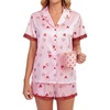 image:imageLYANER Womens Silky Satin Striped 2 Piece Pajama Sets Button Shirt and Wide Leg Shorts SleepwearRed