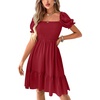 image:imageLYANER Womens Square Neck Smocked Mini Dress Puff Sleeve Ruffle Tiered Casual Wedding Guest DressWine Red