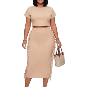 image:imageLYANER Womens 2 Piece Outfits Crew Neck Fringe Short Sleeve Crop Top and Tassel Trim Bodycon Midi Skirt SetChampagne