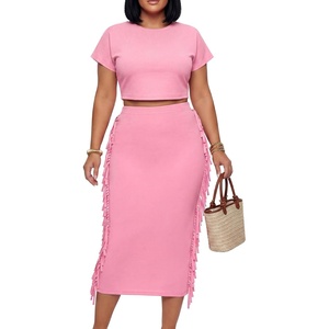 image:imageLYANER Womens 2 Piece Outfits Crew Neck Fringe Short Sleeve Crop Top and Tassel Trim Bodycon Midi Skirt SetDrak Pink