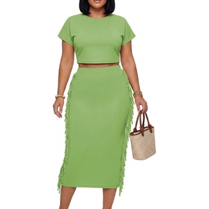 image:imageLYANER Womens 2 Piece Outfits Crew Neck Fringe Short Sleeve Crop Top and Tassel Trim Bodycon Midi Skirt SetGrass Green