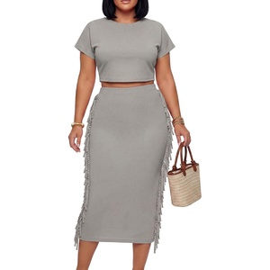 image:imageLYANER Womens 2 Piece Outfits Crew Neck Fringe Short Sleeve Crop Top and Tassel Trim Bodycon Midi Skirt SetGray
