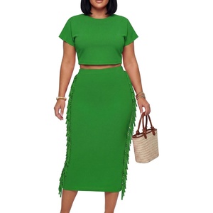 image:imageLYANER Womens 2 Piece Outfits Crew Neck Fringe Short Sleeve Crop Top and Tassel Trim Bodycon Midi Skirt SetGreen