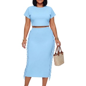 image:imageLYANER Womens 2 Piece Outfits Crew Neck Fringe Short Sleeve Crop Top and Tassel Trim Bodycon Midi Skirt SetLight Blue