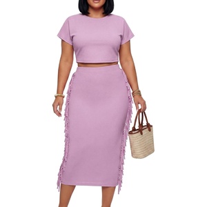 image:imageLYANER Womens 2 Piece Outfits Crew Neck Fringe Short Sleeve Crop Top and Tassel Trim Bodycon Midi Skirt SetLight Purple