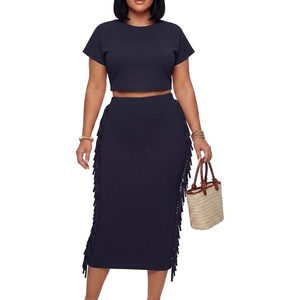 image:imageLYANER Womens 2 Piece Outfits Crew Neck Fringe Short Sleeve Crop Top and Tassel Trim Bodycon Midi Skirt SetNavy Blue