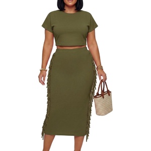 image:imageLYANER Womens 2 Piece Outfits Crew Neck Fringe Short Sleeve Crop Top and Tassel Trim Bodycon Midi Skirt SetSolid Army Green