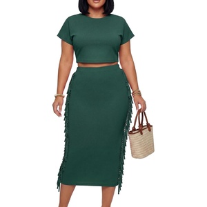 image:imageLYANER Womens 2 Piece Outfits Crew Neck Fringe Short Sleeve Crop Top and Tassel Trim Bodycon Midi Skirt SetSolid Dark Green