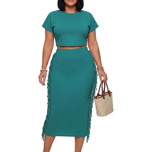 image:imageLYANER Womens 2 Piece Outfits Crew Neck Fringe Short Sleeve Crop Top and Tassel Trim Bodycon Midi Skirt SetTeal Blue
