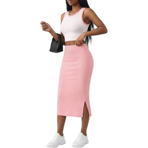 image:imageLYANER Womens 2 Piece Outfits Round Neck Crop Top and High Waisted Skirt Sets SuitPink