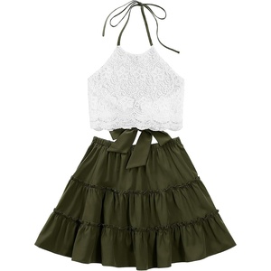 image:imageLYANER Womens 2 Piece Sets Summer Lace Halter Cami Crop Top and Mini Skirt Set Vacation Beach OutfitsArmy Green