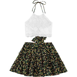 image:imageLYANER Womens 2 Piece Sets Summer Lace Halter Cami Crop Top and Mini Skirt Set Vacation Beach OutfitsBlack Floral