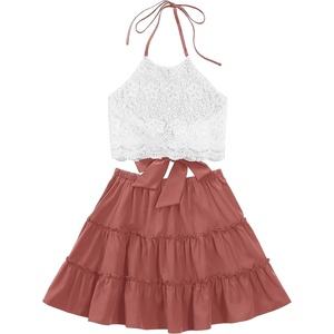 image:imageLYANER Womens 2 Piece Sets Summer Lace Halter Cami Crop Top and Mini Skirt Set Vacation Beach OutfitsCoral Red