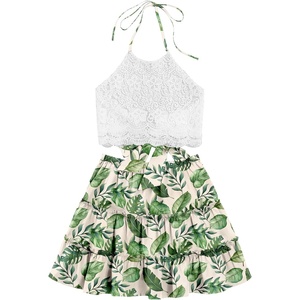 image:imageLYANER Womens 2 Piece Sets Summer Lace Halter Cami Crop Top and Mini Skirt Set Vacation Beach OutfitsLight Green