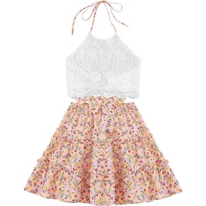 image:imageLYANER Womens 2 Piece Sets Summer Lace Halter Cami Crop Top and Mini Skirt Set Vacation Beach OutfitsLight Pink Floral