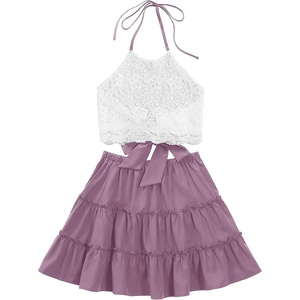 image:imageLYANER Womens 2 Piece Sets Summer Lace Halter Cami Crop Top and Mini Skirt Set Vacation Beach OutfitsLilac
