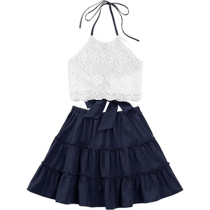 image:imageLYANER Womens 2 Piece Sets Summer Lace Halter Cami Crop Top and Mini Skirt Set Vacation Beach OutfitsNavy Blue