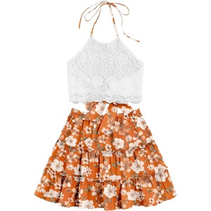 image:imageLYANER Womens 2 Piece Sets Summer Lace Halter Cami Crop Top and Mini Skirt Set Vacation Beach OutfitsOrange