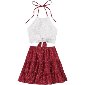 image:imageLYANER Womens 2 Piece Sets Summer Lace Halter Cami Crop Top and Mini Skirt Set Vacation Beach OutfitsRed