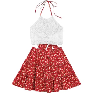 image:imageLYANER Womens 2 Piece Sets Summer Lace Halter Cami Crop Top and Mini Skirt Set Vacation Beach OutfitsRed Floral
