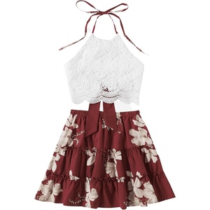 image:imageLYANER Womens 2 Piece Sets Summer Lace Halter Cami Crop Top and Mini Skirt Set Vacation Beach OutfitsRed2