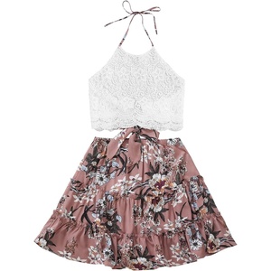 image:imageLYANER Womens 2 Piece Sets Summer Lace Halter Cami Crop Top and Mini Skirt Set Vacation Beach OutfitsSolid Pink