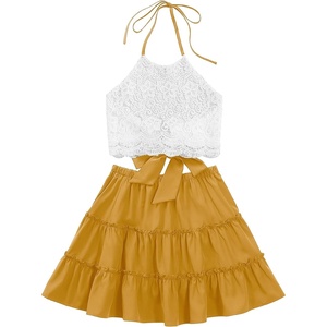 image:imageLYANER Womens 2 Piece Sets Summer Lace Halter Cami Crop Top and Mini Skirt Set Vacation Beach OutfitsSolid Yellow