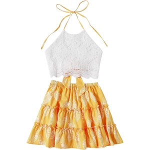 image:imageLYANER Womens 2 Piece Sets Summer Lace Halter Cami Crop Top and Mini Skirt Set Vacation Beach OutfitsYellow