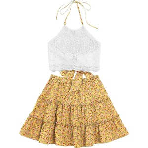 image:imageLYANER Womens 2 Piece Sets Summer Lace Halter Cami Crop Top and Mini Skirt Set Vacation Beach OutfitsYellow Floral