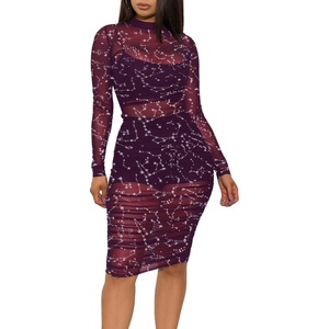 image:imageLYANER Womens 3 Piece Outfits Sexy Sheer Mesh Dress Long Sleeve Ruched Bodycon Midi Dress with Cami ShortsGlitter Dark Purple
