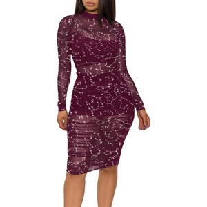 image:imageLYANER Womens 3 Piece Outfits Sexy Sheer Mesh Dress Long Sleeve Ruched Bodycon Midi Dress with Cami ShortsViolet