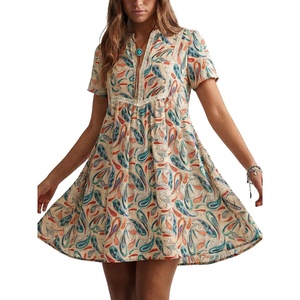 image:imageLYANER Womens Boho Print Short Sleeve V Neck Flowy A Line Beach Vacation Mini DressChampagne