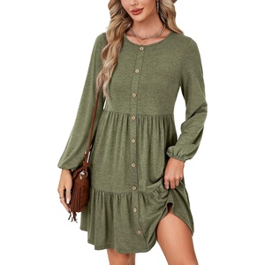 image:imageLYANER Womens Casual Long Sleeve Dress Crewneck Button Long Sleeve Tiered Flowy ALine Mini DressArmy Green