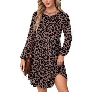 image:imageLYANER Womens Casual Long Sleeve Dress Crewneck Button Long Sleeve Tiered Flowy ALine Mini DressBlack Leopard Print