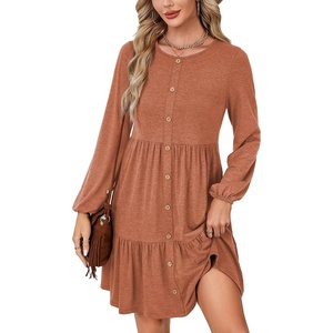 image:imageLYANER Womens Casual Long Sleeve Dress Crewneck Button Long Sleeve Tiered Flowy ALine Mini DressCaramel