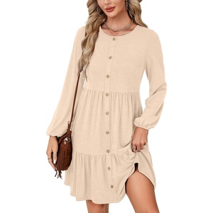 image:imageLYANER Womens Casual Long Sleeve Dress Crewneck Button Long Sleeve Tiered Flowy ALine Mini DressDark Apricot