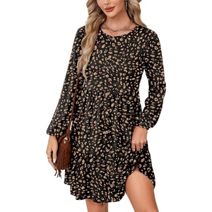 image:imageLYANER Womens Casual Long Sleeve Dress Crewneck Button Long Sleeve Tiered Flowy ALine Mini DressDark Apricot Spots