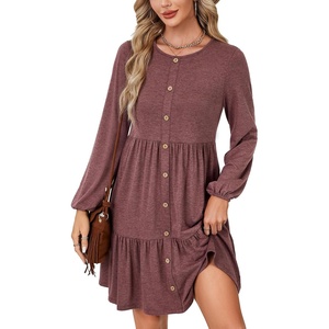 image:imageLYANER Womens Casual Long Sleeve Dress Crewneck Button Long Sleeve Tiered Flowy ALine Mini DressPurplish Red