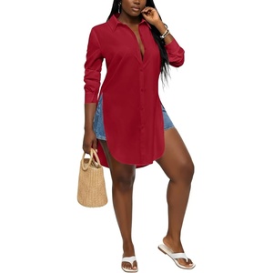 image:imageLYANER Womens Collar Neck Long Sleeve Button Down Shirts Sexy Split Hem Tops Long Blouse Shirt DressBurgundy