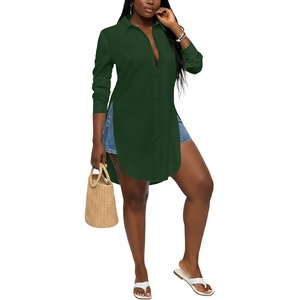 image:imageLYANER Womens Collar Neck Long Sleeve Button Down Shirts Sexy Split Hem Tops Long Blouse Shirt DressDark Green