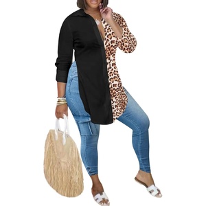 image:imageLYANER Womens Collar Neck Long Sleeve Button Down Shirts Sexy Split Hem Tops Long Blouse Shirt DressLeopardblack