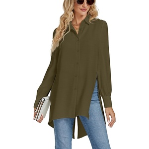 image:imageLYANER Womens Collar V Neck Split Hem Button Down Long Sleeve Long Shirt Blouse Tunic TopArmy Green