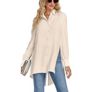 image:imageLYANER Womens Collar V Neck Split Hem Button Down Long Sleeve Long Shirt Blouse Tunic TopBeige