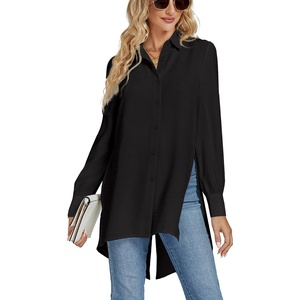image:imageLYANER Womens Collar V Neck Split Hem Button Down Long Sleeve Long Shirt Blouse Tunic TopBlack